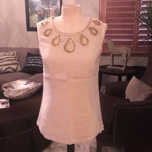 Valerie Bertinelli cream linen and golden beads